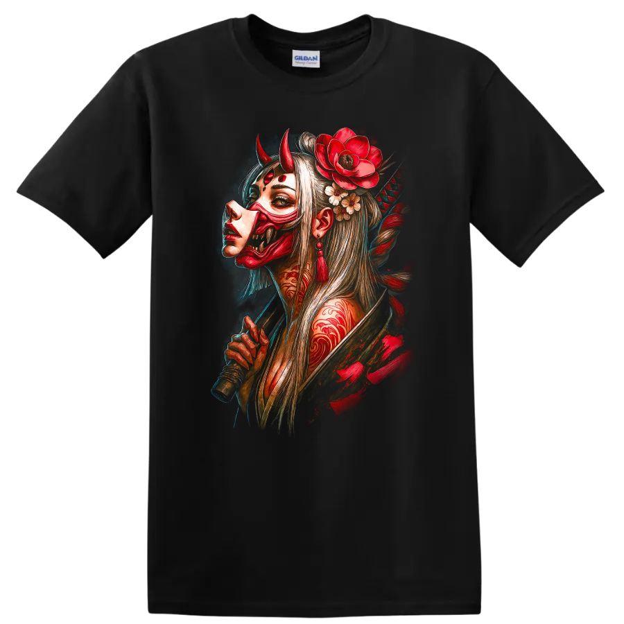 Japanese Oni Mask Woman Art T Shirt Red Demon Floral Samurai Style - Black