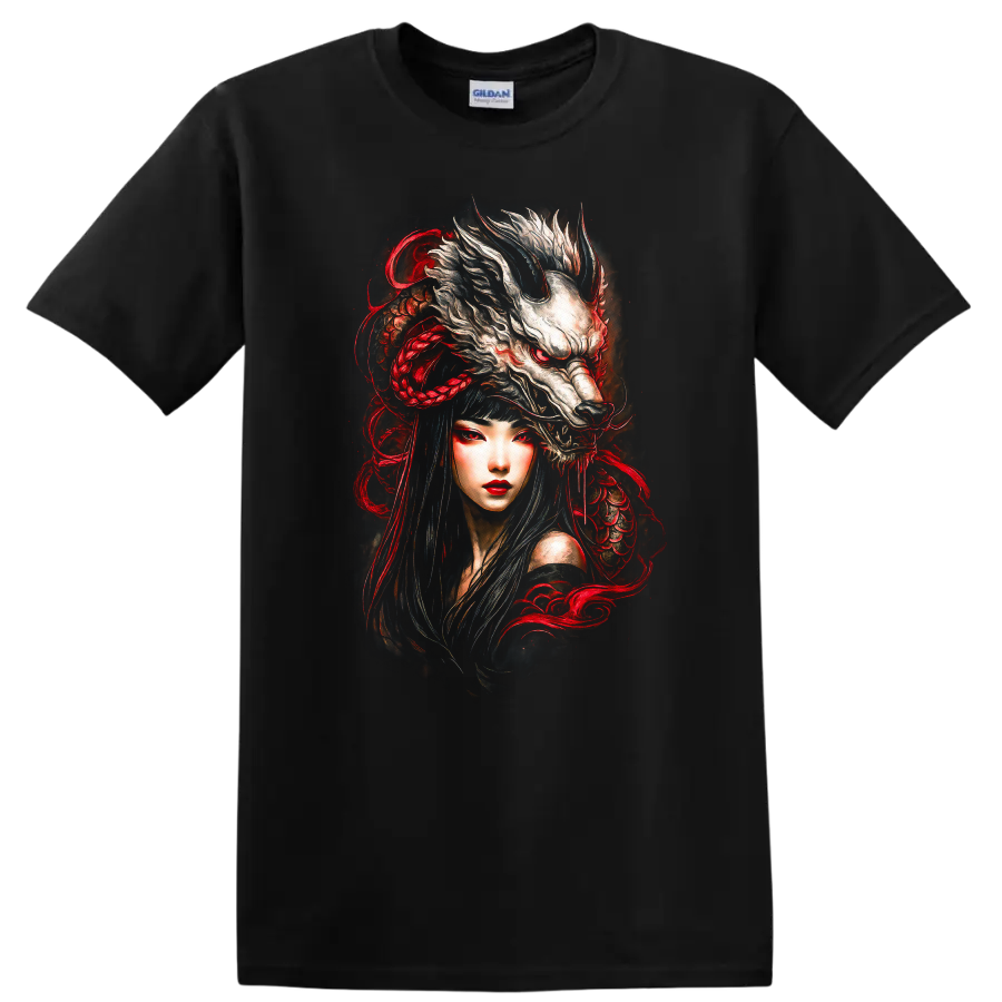Japanese Style Oni Wolf Woman T Shirt Red Black Fantasy Art - Black