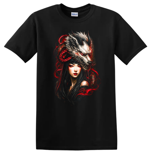 Japanese Style Oni Wolf Woman T Shirt Red Black Fantasy Art - Black