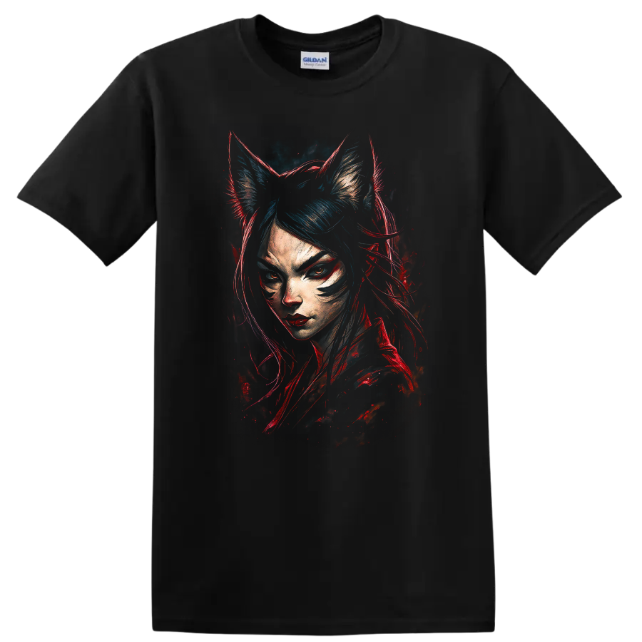 Japanese Style Cat Girl Portrait Neon Red Blue T Shirt - Black