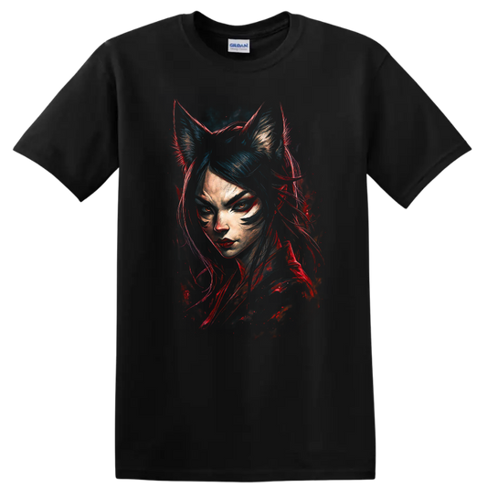 Japanese Style Cat Girl Portrait Neon Red Blue T Shirt - Black