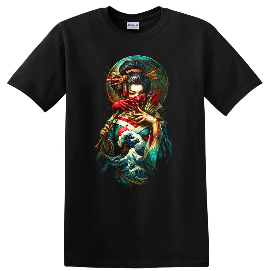Japanese Geisha Waves T Shirt Vintage Samurai Art Design - Black