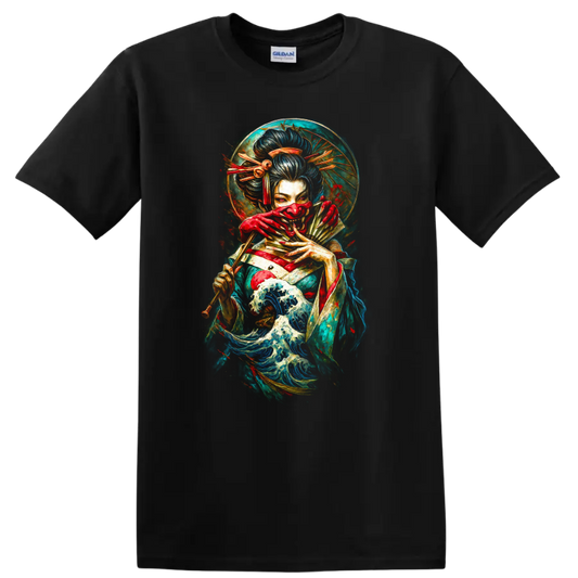 Japanese Geisha Waves T Shirt Vintage Samurai Art Design - Black