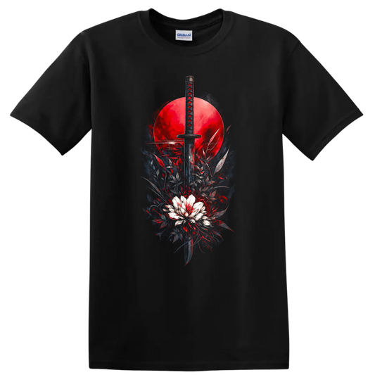 Japanese Style Katana Sword Red Sun Graphic T Shirt - Black