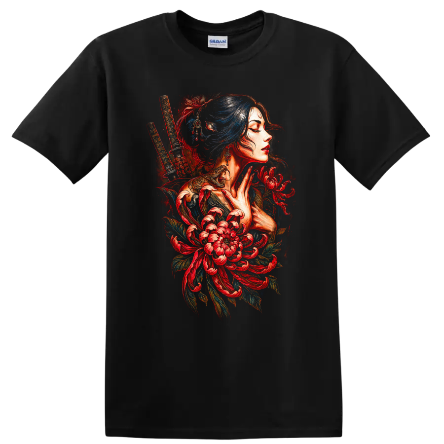 Japanese Geisha Samurai Floral Portrait T Shirt for Women - Black