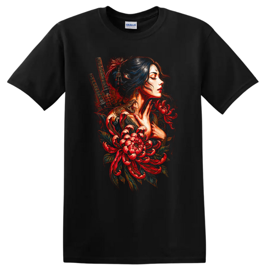 Japanese Geisha Samurai Floral Portrait T Shirt for Women - Black