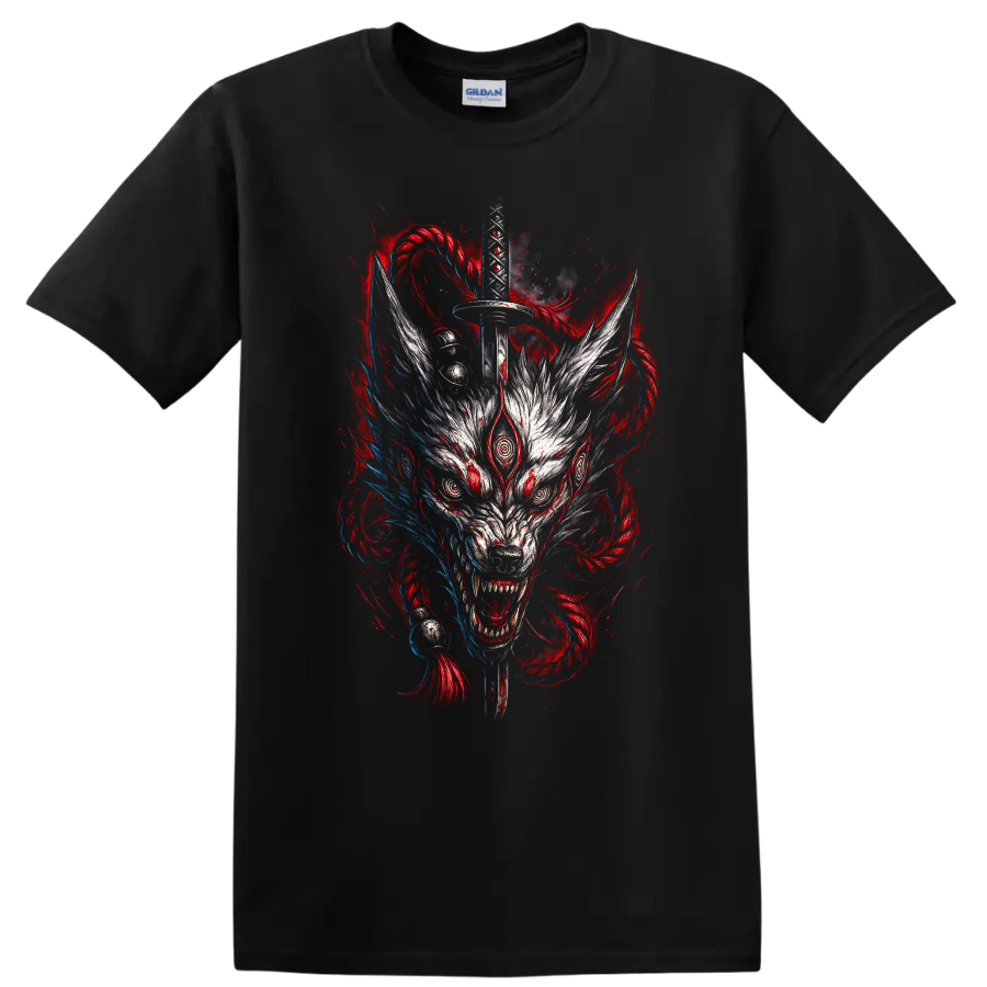 Japanese Style Wolf Sword Graphic T Shirt for Dark Anime Art Fans - Black