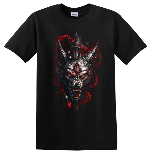 Japanese Style Wolf Sword Graphic T Shirt for Dark Anime Art Fans - Black