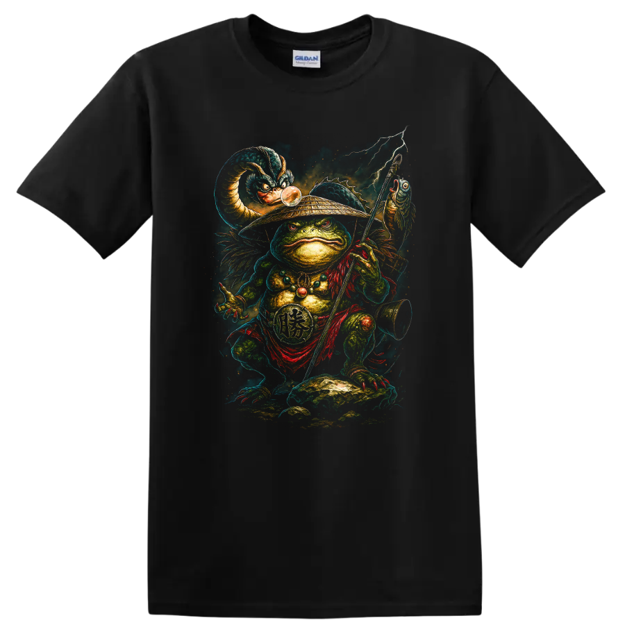 Japanese Style Frog Warrior T Shirt Samurai Staff Lightning Graphic - Black