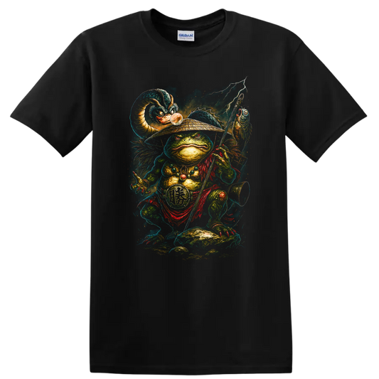 Japanese Style Frog Warrior T Shirt Samurai Staff Lightning Graphic - Black