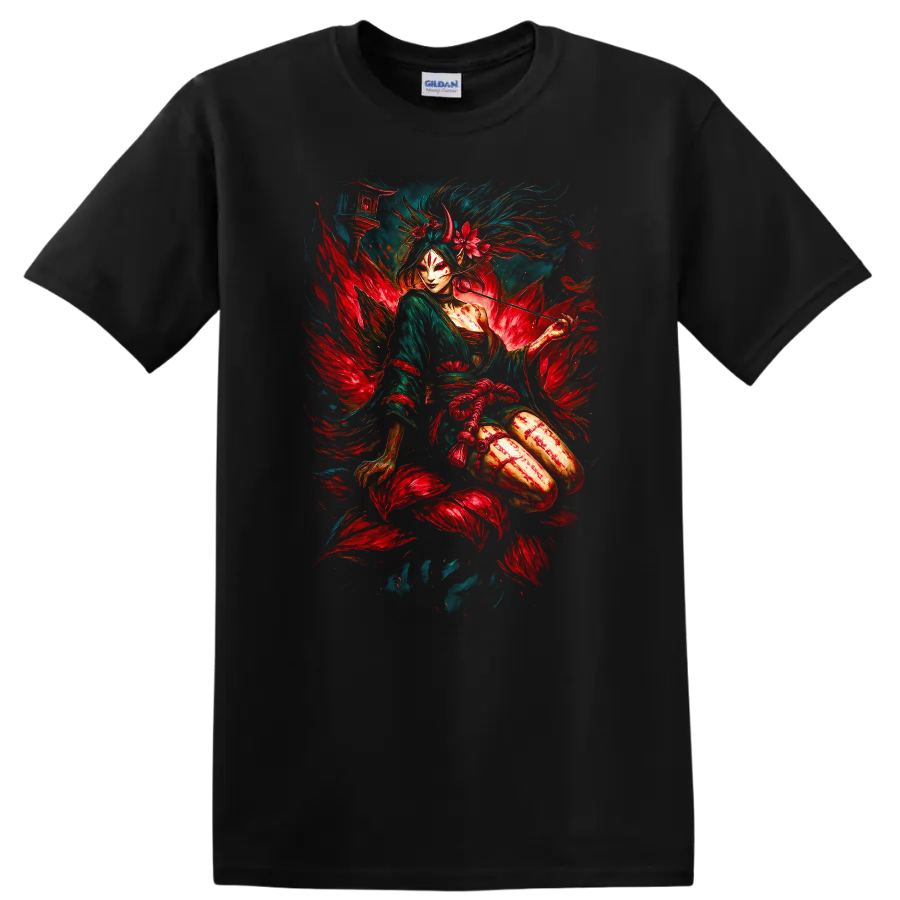 Japanese Geisha Warrior Fox Mask Art T Shirt Mythical Floral Design - Black