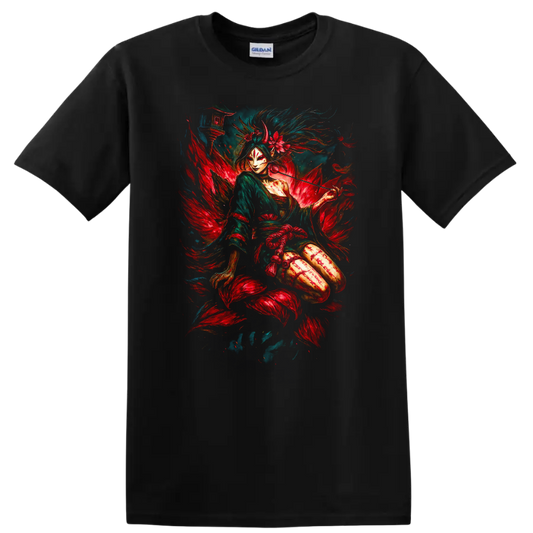 Japanese Geisha Warrior Fox Mask Art T Shirt Mythical Floral Design - Black