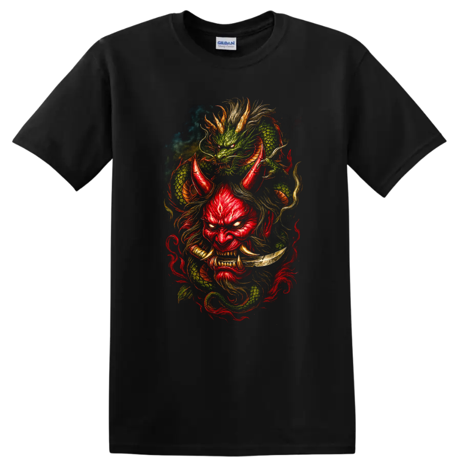 Japanese Style Dragon Mask T Shirt Red and Green Mythic Art - Black