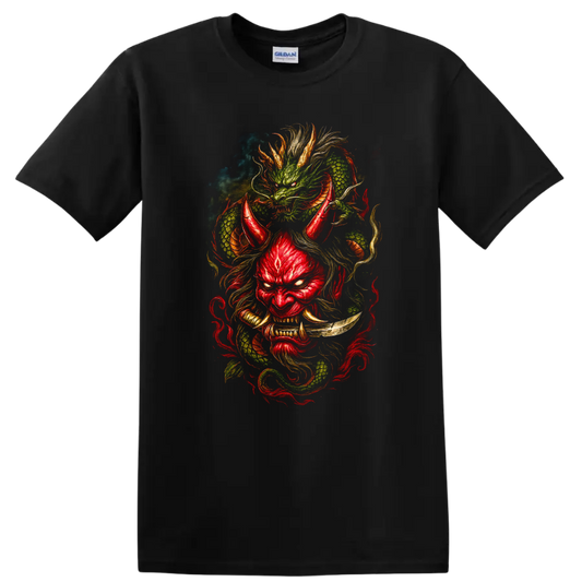 Japanese Style Dragon Mask T Shirt Red and Green Mythic Art - Black