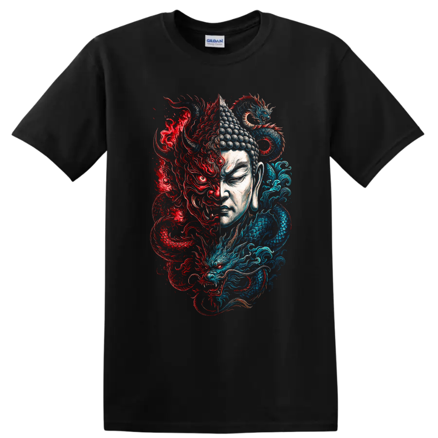 Japanese Style Dragon Buddha T Shirt Red Blue Yin Yang Art - Black
