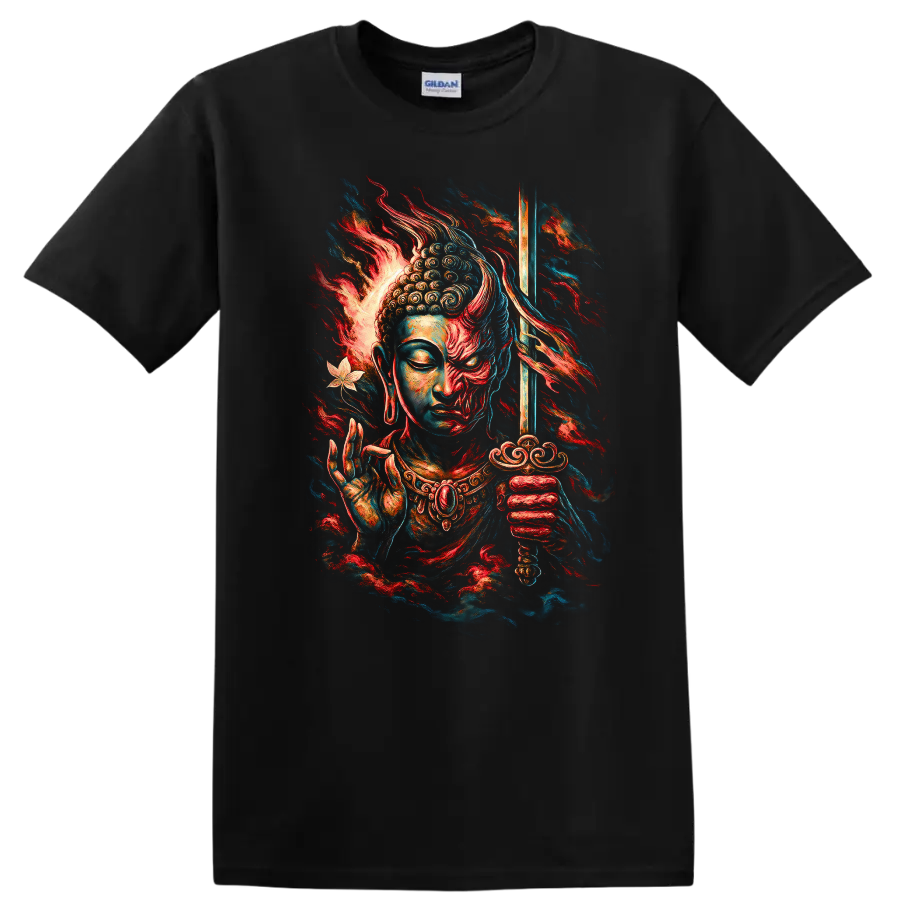 Japanese Style Buddha Samurai T Shirt Vibrant Zen Warrior Graphic - Black