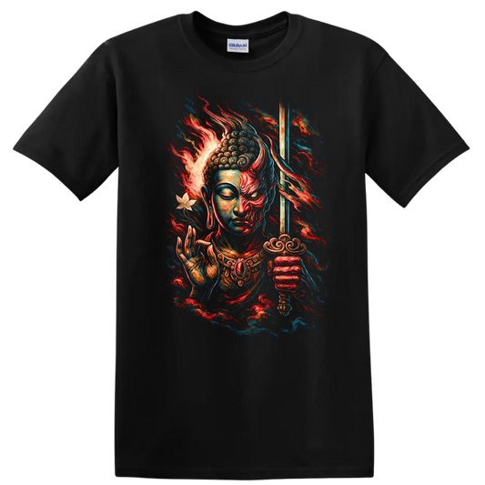 Japanese Style Buddha Samurai T Shirt Vibrant Zen Warrior Graphic - Black