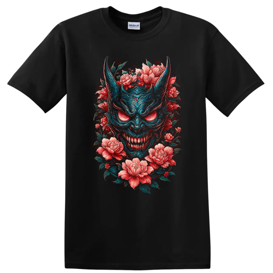 Japanese Oni Demon Mask with Floral Peonies T Shirt - Black