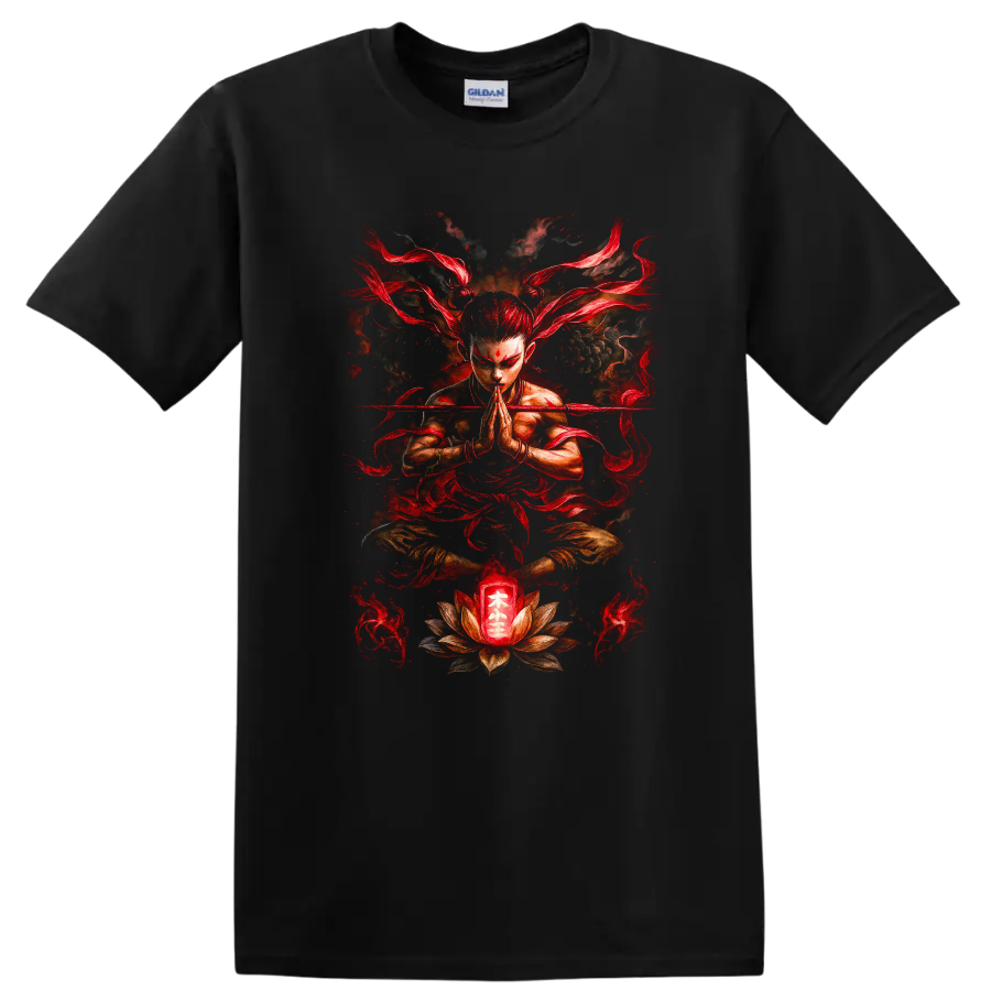 Japanese Meditation Warrior Red Flames T Shirt Zen Martial Art Design - Black