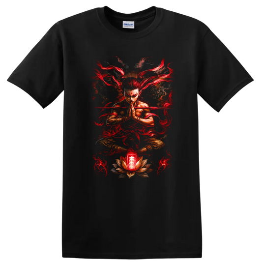 Japanese Meditation Warrior Red Flames T Shirt Zen Martial Art Design - Black