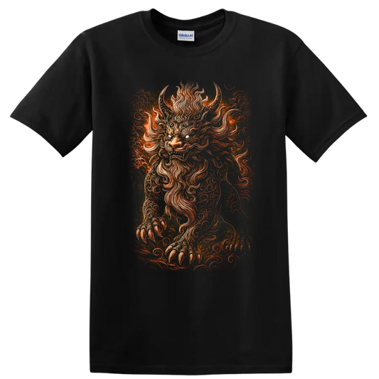 Japanese Style Oni Demon Mask Fire T Shirt for Bold Streetwear Fans - Black