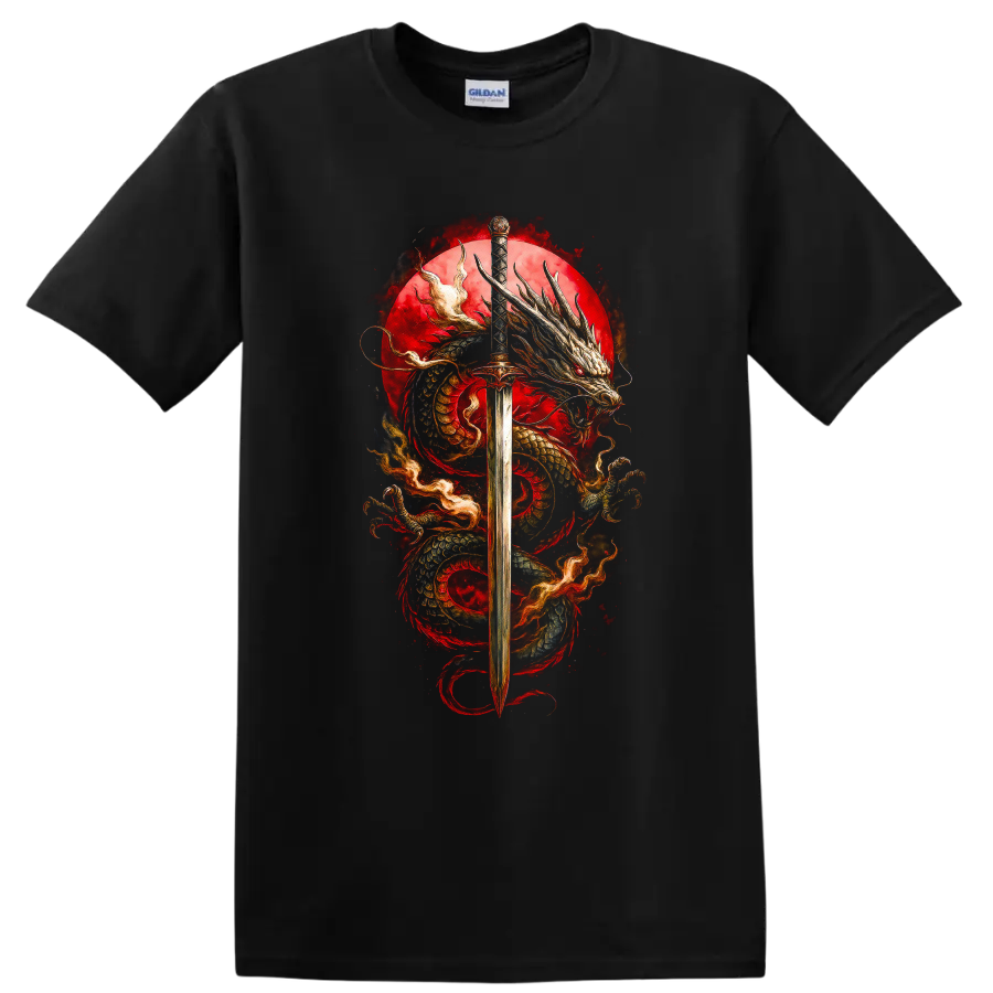 Japanese Dragon Sword Art T Shirt Bold Red Samurai Myth Design - Black