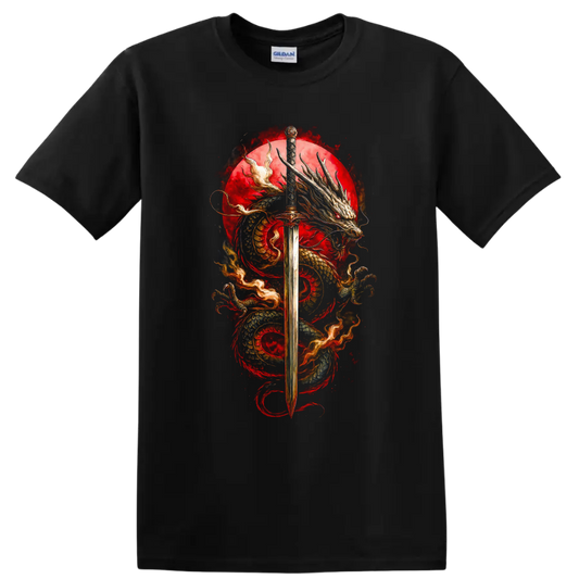 Japanese Dragon Sword Art T Shirt Bold Red Samurai Myth Design - Black