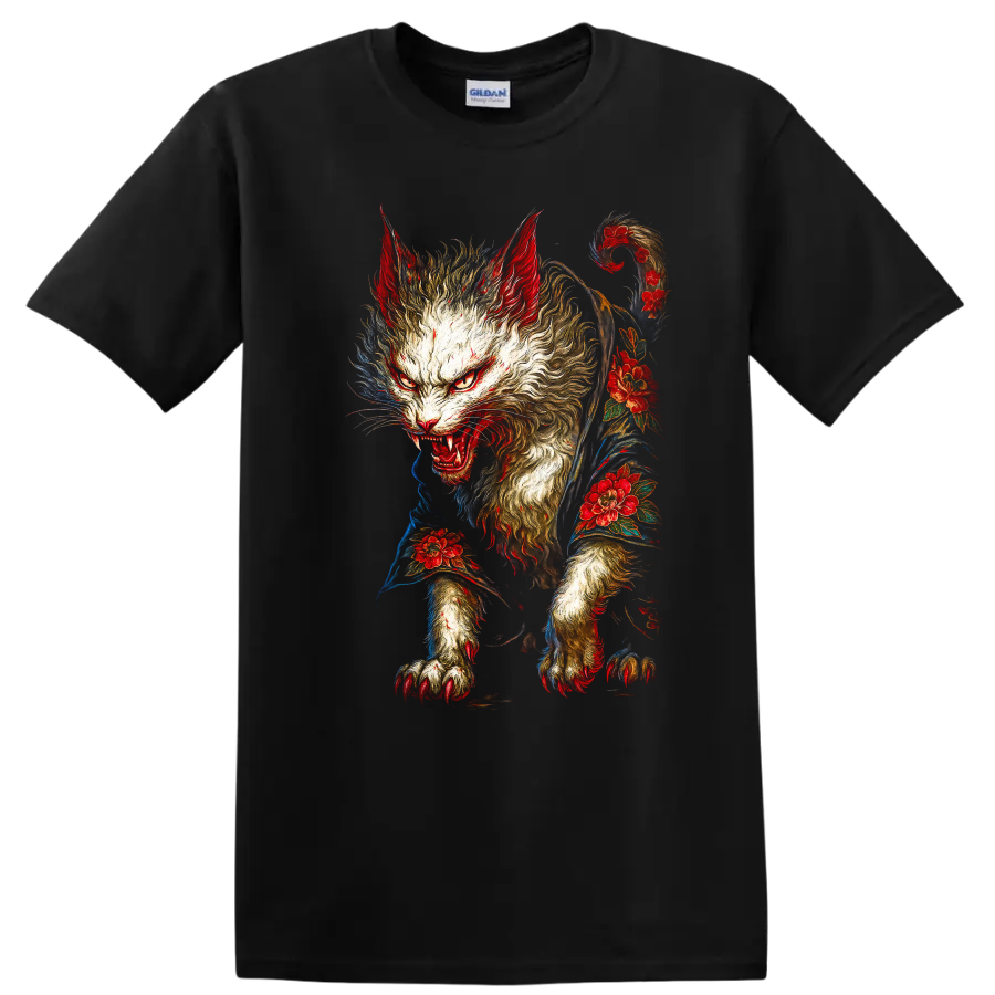 Japanese Style Fierce Cat Floral Art Graphic T Shirt - Black