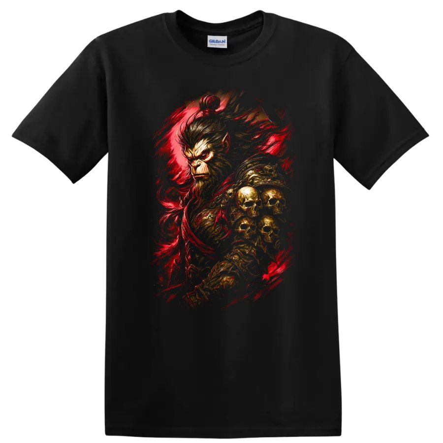 Japanese Style Monkey Skull Red Brushstroke T Shirt - Black