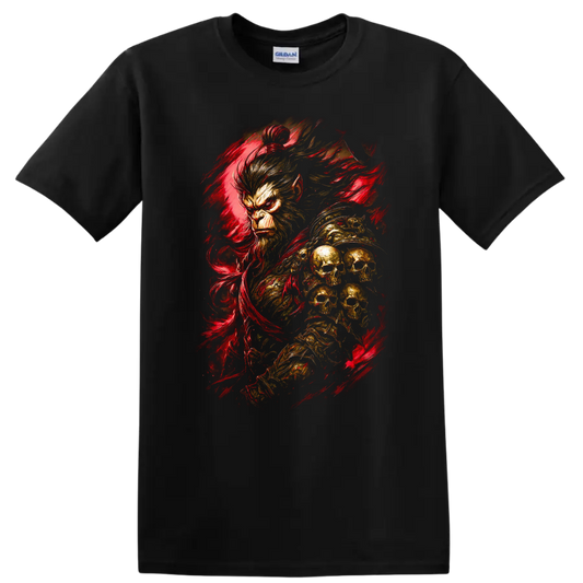 Japanese Style Monkey Skull Red Brushstroke T Shirt - Black