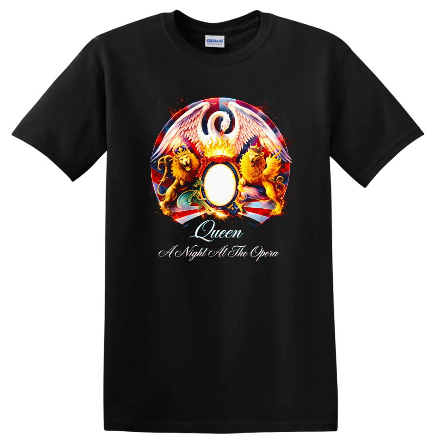 Queen Vintage Classic Rock Album Cover Art T Shirt on a Black T Shirt