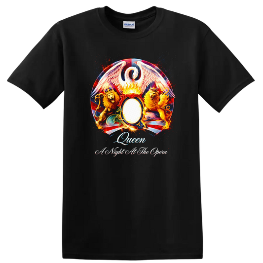 Queen Vintage Classic Rock Album Cover Art T Shirt on a Black T Shirt