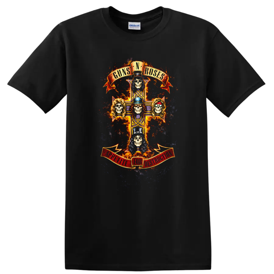 Guns N Roses Vintage Classic Rock Album Cover Art T Shirt on a Black T Shirt