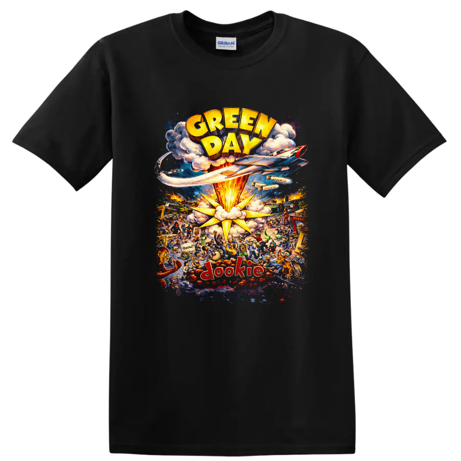 Green Day Dookie Vintage Classic Rock Album Cover Art T Shirt on a Black T Shirt