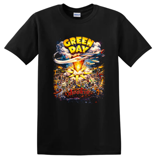 Green Day Dookie Vintage Classic Rock Album Cover Art T Shirt on a Black T Shirt