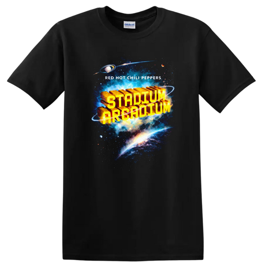 Vintage classic rock album cover art T Shirt featuring Red Hot Chili Peppers design on a Black T Shirt