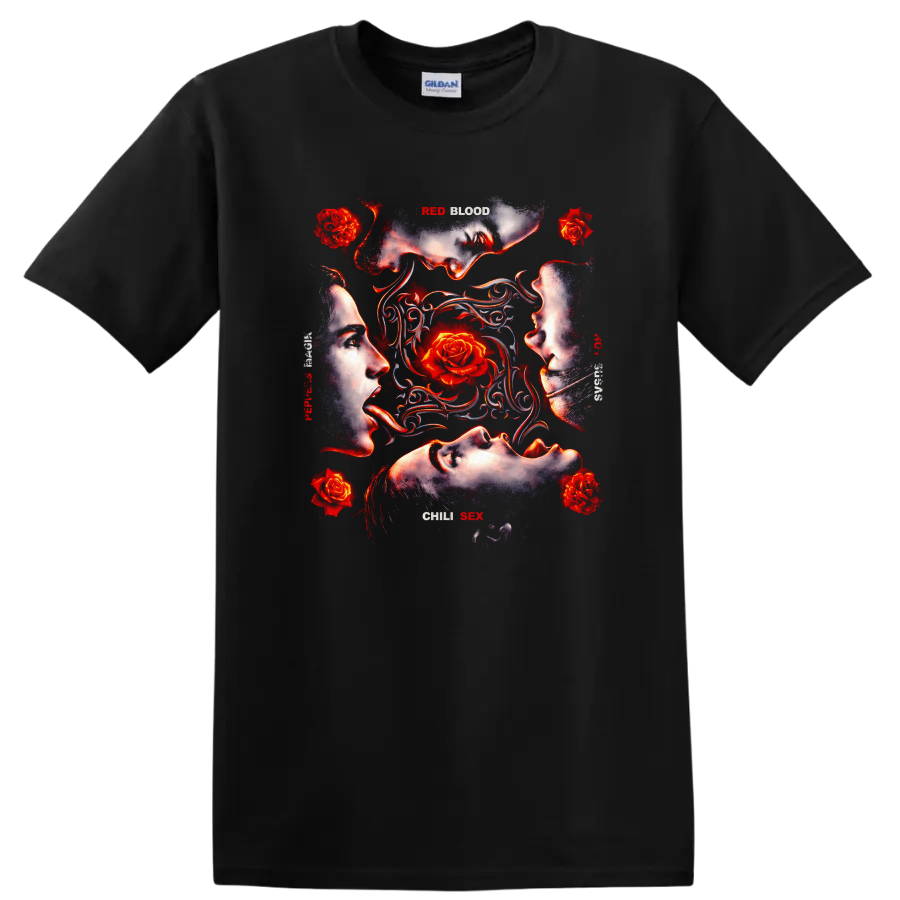 Vintage rock art T shirt design featuring faces and roses on a Black T Shirt