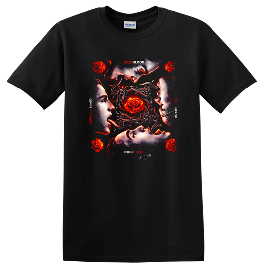 Vintage rock art T shirt design featuring faces and roses on a Black T Shirt