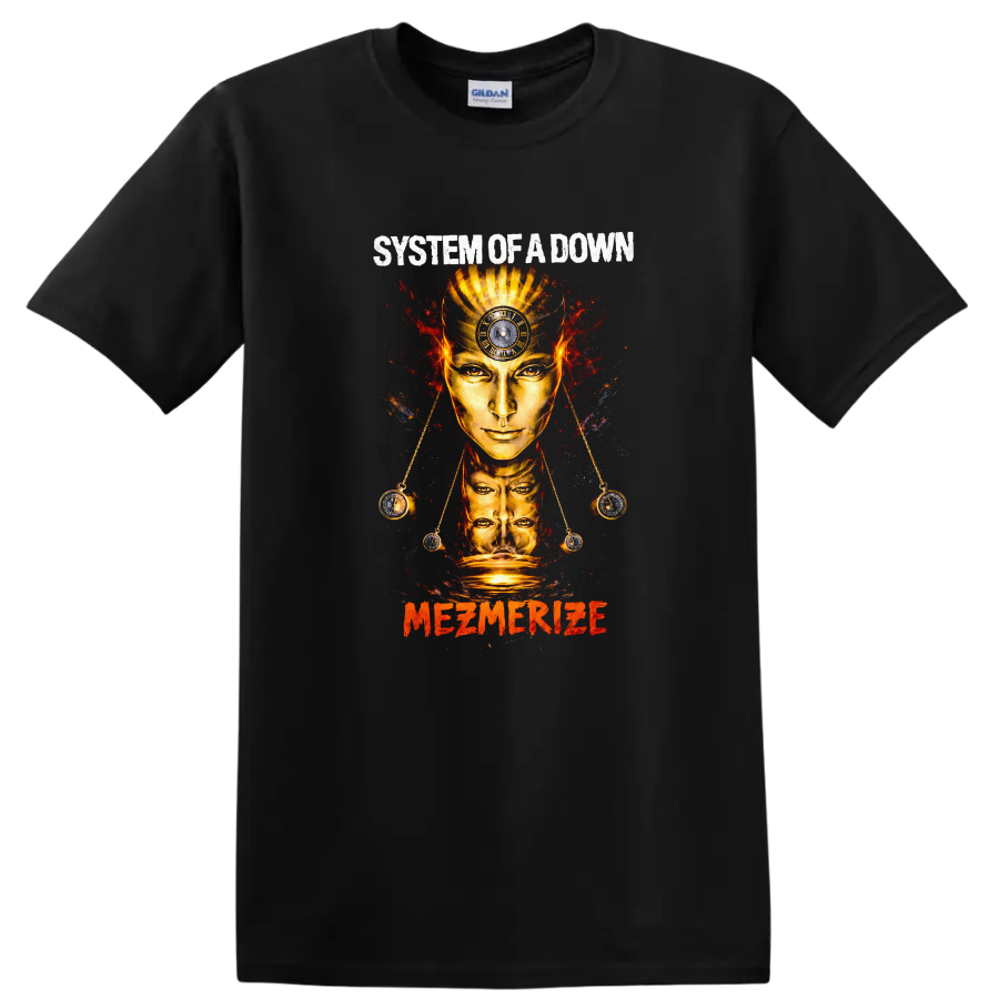 System of a Down Mezmerize Vintage Rock T Shirt on a Black T Shirt