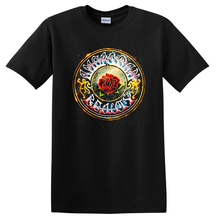 Vintage Classic Rock Album Cover Art Style T Shirt with Rose Design - Black