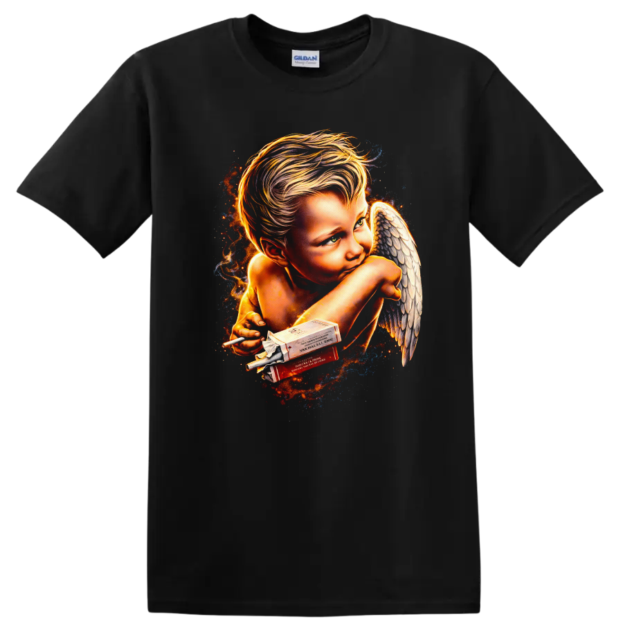 Vintage Classic Rock Angel T Shirt with Smoky Aesthetic - Black