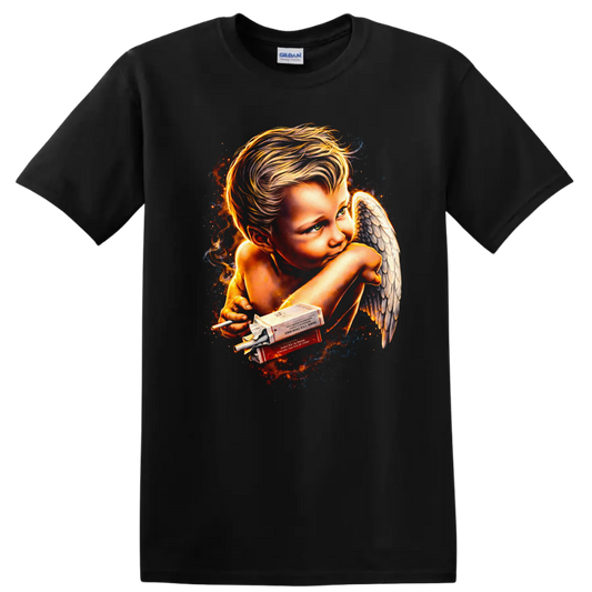 Vintage Classic Rock Angel T Shirt with Smoky Aesthetic - Black