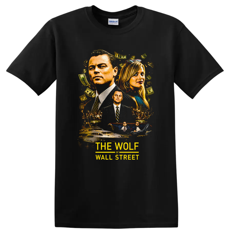 Vintage Cult Movie The Wolf of Wall Street T Shirt on a Black T Shirt