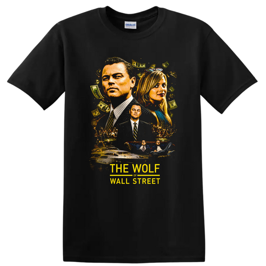 Vintage Cult Movie The Wolf of Wall Street T Shirt on a Black T Shirt