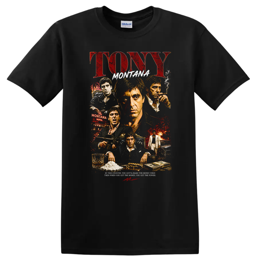 Tony Montana Movie Art T Shirt Vintage Graphic Tee for Fans of Classic Films - Black