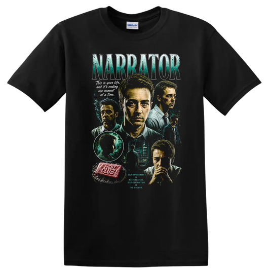 Fight Club Narrator vintage portrait collage with soap bar and distressed NARRATOR text on a Black T Shirt