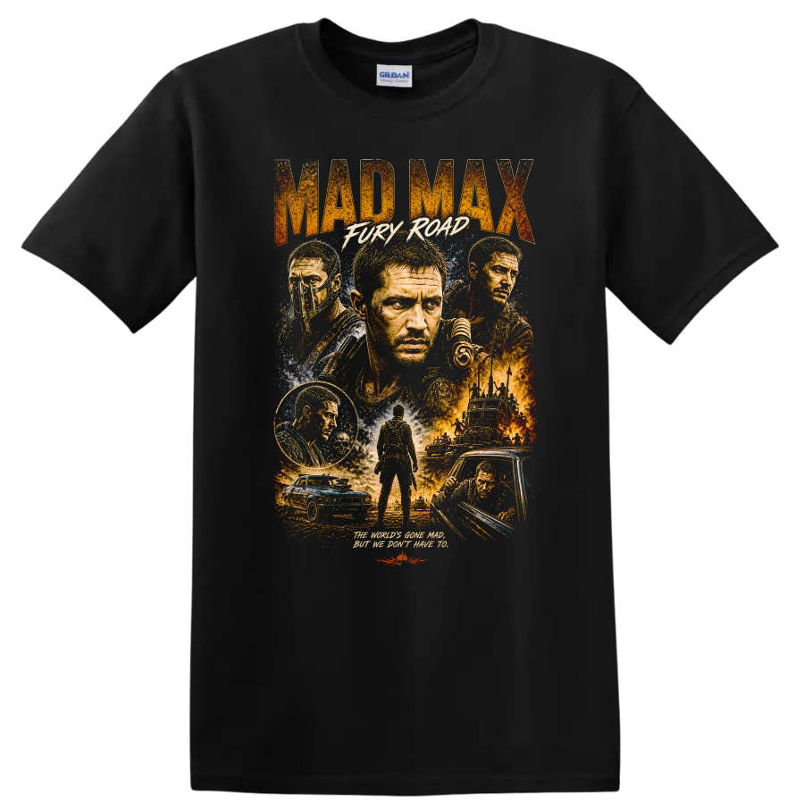 Mad Max Fury Road Vintage Movie Portrait T Shirt on a Black T Shirt