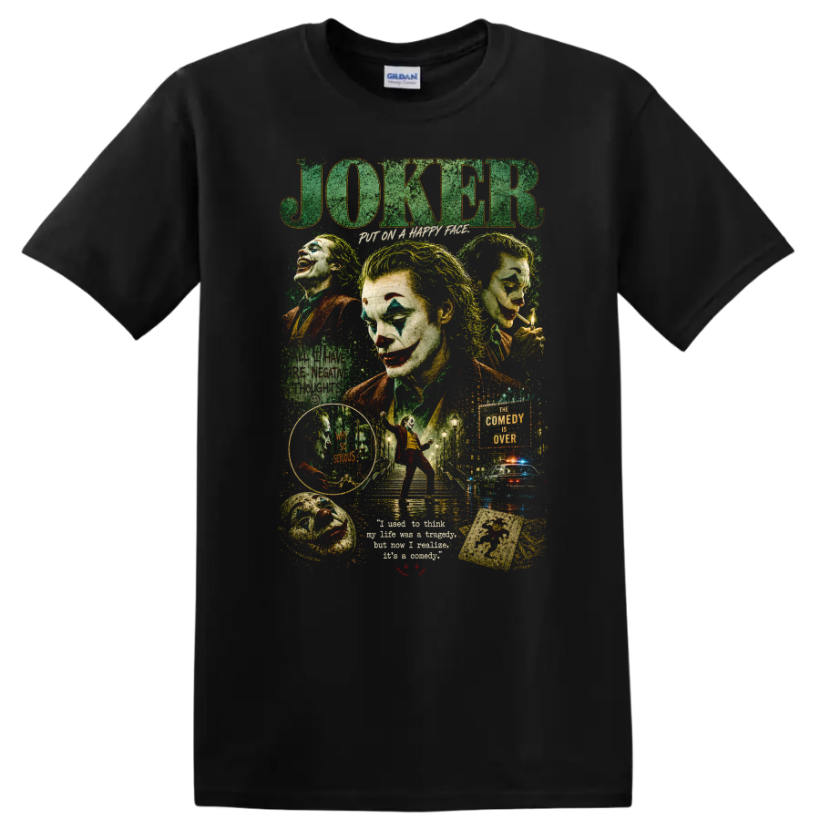 Joker Vintage Cult Movie Character Portrait T Shirt on a Black T Shirt