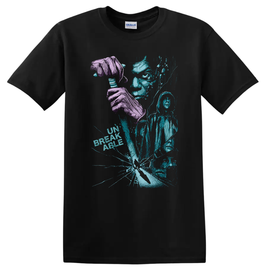 Vintage Cult Movie Unbreakable T Shirt Featuring Bruce Willis & Samuel L. Jackson on a Black T Shirt
