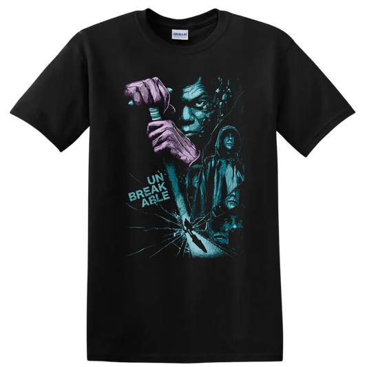 Vintage Cult Movie Unbreakable T Shirt Featuring Bruce Willis & Samuel L. Jackson on a Black T Shirt